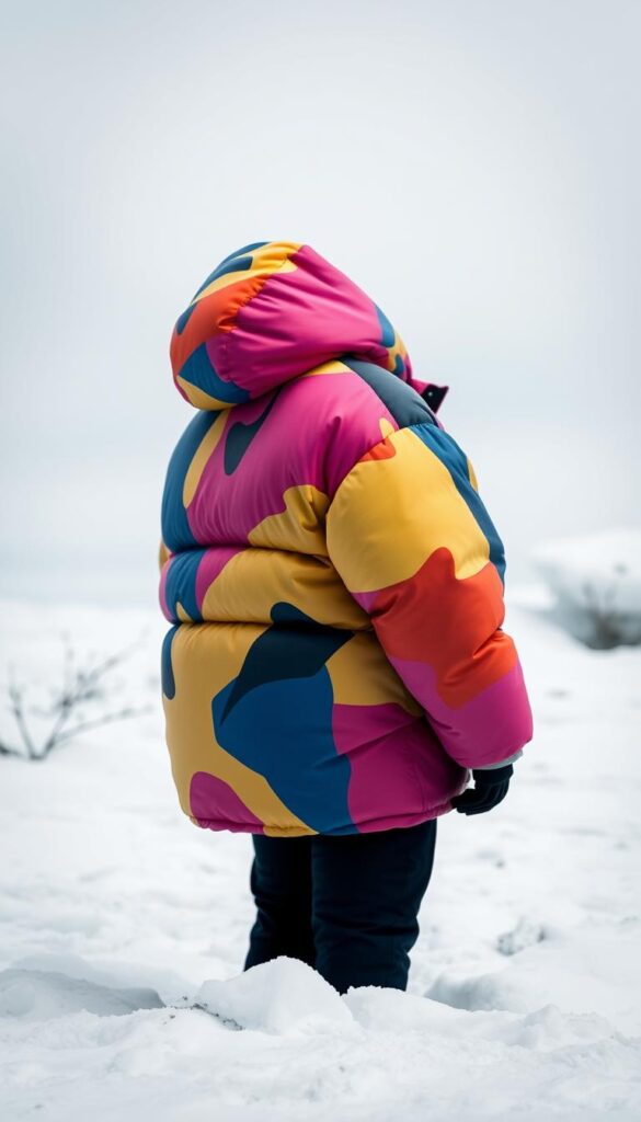 A boldly stylized puffer jacket with vibrant, abstract patterns against a crisp, winter backdrop. The jacket's oversized silhouette stands out, its vivid colors and geometric designs commanding attention. Soft, diffused lighting illuminates the textured, puffy fabric, creating an eye-catching contrast with the muted, snowy environment. The jacket is captured from a dynamic, three-quarter angle, emphasizing its bold, statement-making presence. An icy, minimalist setting provides a clean, contemporary canvas for the jacket's vibrant, eye-catching aesthetic, evoking a sense of modern, fashionable flair. A boldly stylized puffer jacket with vibrant, abstract patterns against a crisp, winter backdrop. The jacket's oversized silhouette stands out, its vivid colors and geometric designs commanding attention. Soft, diffused lighting illuminates the textured, puffy fabric, creating an eye-catching contrast with the muted, snowy environment. The jacket is captured from a dynamic, three-quarter angle, emphasizing its bold, statement-making presence. An icy, minimalist setting provides a clean, contemporary canvas for the jacket's vibrant, eye-catching aesthetic, evoking a sense of modern, fashionable flair.