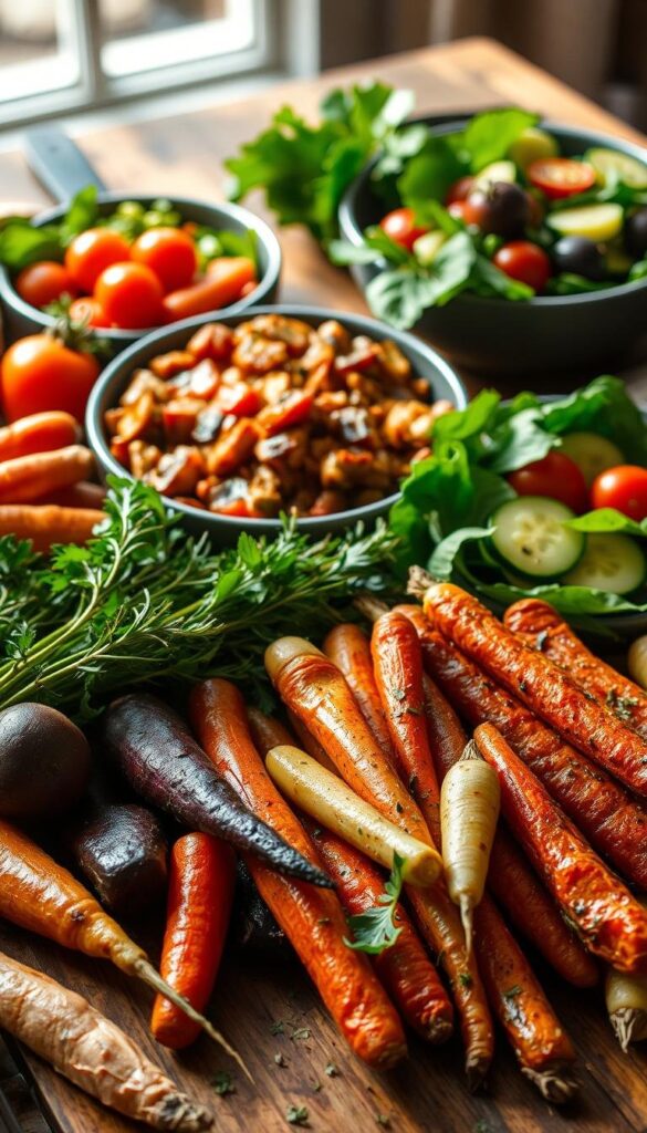 A bountiful spread of fresh, seasonal vegetables artfully arranged on a rustic wooden table, bathed in warm, natural lighting. In the foreground, a selection of roasted root vegetables - carrots, beets, and parsnips - glistening with olive oil and sprinkled with aromatic herbs. In the middle, a hearty vegetable-based stew or casserole, its deep, rich colors and thick, creamy texture inviting the senses. In the background, a vibrant green salad with a variety of leafy greens, juicy tomatoes, and crunchy cucumbers, dressed in a tangy vinaigrette. The overall scene exudes a sense of simple, wholesome abundance, perfect for a budget-friendly, plant-based spring dinner. A bountiful spread of fresh, seasonal vegetables artfully arranged on a rustic wooden table, bathed in warm, natural lighting. In the foreground, a selection of roasted root vegetables - carrots, beets, and parsnips - glistening with olive oil and sprinkled with aromatic herbs. In the middle, a hearty vegetable-based stew or casserole, its deep, rich colors and thick, creamy texture inviting the senses. In the background, a vibrant green salad with a variety of leafy greens, juicy tomatoes, and crunchy cucumbers, dressed in a tangy vinaigrette. The overall scene exudes a sense of simple, wholesome abundance, perfect for a budget-friendly, plant-based spring dinner.