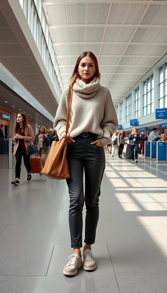 A bright, airy airport terminal with natural light streaming through floor-to-ceiling windows. In the foreground, a well-dressed model stands confidently, showcasing a stylish yet comfortable airport ensemble. She wears a soft, oversized sweater, high-waisted pants, and sleek leather sneakers. Her accessories, a roomy tote bag and a cozy scarf, complete the effortless, chic look. The middle ground features other travelers casually strolling by, dressed in a variety of on-trend but practical outfits. In the background, the bustling activity of the airport is visible, with people checking in at desks and navigating through the terminal. The scene conveys a sense of ease and fashion-forward sensibility, embodying the "Airport Fashion Do's" concept. A bright, airy airport terminal with natural light streaming through floor-to-ceiling windows. In the foreground, a well-dressed model stands confidently, showcasing a stylish yet comfortable airport ensemble. She wears a soft, oversized sweater, high-waisted pants, and sleek leather sneakers. Her accessories, a roomy tote bag and a cozy scarf, complete the effortless, chic look. The middle ground features other travelers casually strolling by, dressed in a variety of on-trend but practical outfits. In the background, the bustling activity of the airport is visible, with people checking in at desks and navigating through the terminal. The scene conveys a sense of ease and fashion-forward sensibility, embodying the "Airport Fashion Do's" concept.