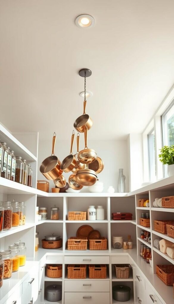 A bright, airy contemporary kitchen pantry with a sleek, minimalist design. The focal point is a hanging pot rack suspended from the ceiling, showcasing an array of gleaming copper and stainless steel cookware. The pantry shelves are lined with glass jars, wicker baskets, and neatly organized everyday items. Soft, diffused lighting from recessed fixtures and large windows creates a warm, inviting atmosphere. The overall look is clean, functional, and visually appealing, reflecting the "Innovative Storage Ideas for Everyday Items" theme. A wide-angle lens captures the space's depth and proportions, highlighting the harmonious blend of form and function. A bright, airy contemporary kitchen pantry with a sleek, minimalist design. The focal point is a hanging pot rack suspended from the ceiling, showcasing an array of gleaming copper and stainless steel cookware. The pantry shelves are lined with glass jars, wicker baskets, and neatly organized everyday items. Soft, diffused lighting from recessed fixtures and large windows creates a warm, inviting atmosphere. The overall look is clean, functional, and visually appealing, reflecting the "Innovative Storage Ideas for Everyday Items" theme. A wide-angle lens captures the space's depth and proportions, highlighting the harmonious blend of form and function.