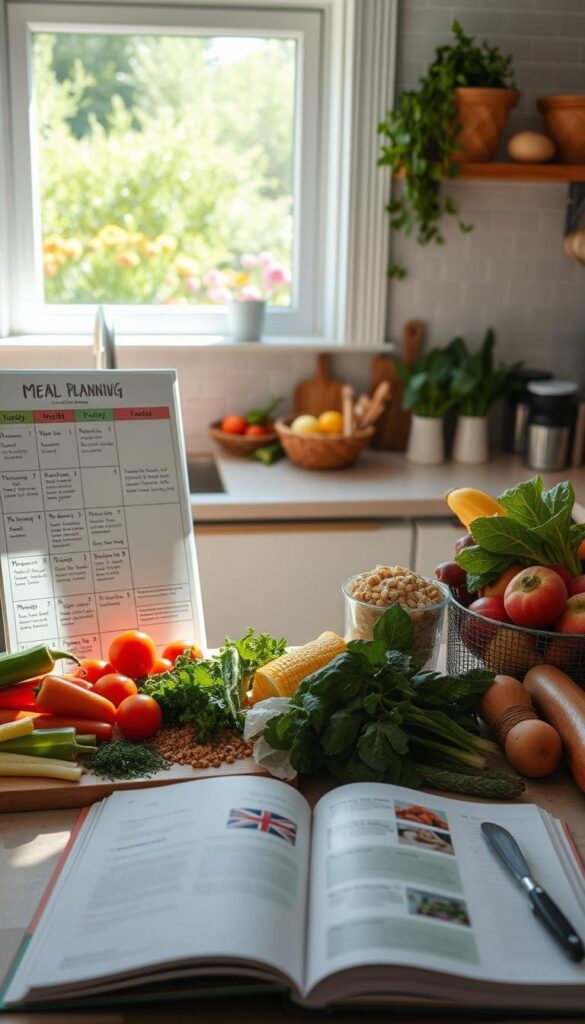 A bright, airy kitchen filled with fresh produce and organized meal planning essentials. In the foreground, a colorful weekly meal plan board with handwritten notes. Beside it, a carefully arranged spread of vegetables, whole grains, and lean proteins. In the middle ground, a cutting board with chopped herbs and spices, complemented by a cookbook open to budget-friendly recipes. The background features a large window overlooking a lush spring garden, casting a warm, natural light throughout the scene. The overall mood is one of simplicity, practicality, and a touch of culinary inspiration. A bright, airy kitchen filled with fresh produce and organized meal planning essentials. In the foreground, a colorful weekly meal plan board with handwritten notes. Beside it, a carefully arranged spread of vegetables, whole grains, and lean proteins. In the middle ground, a cutting board with chopped herbs and spices, complemented by a cookbook open to budget-friendly recipes. The background features a large window overlooking a lush spring garden, casting a warm, natural light throughout the scene. The overall mood is one of simplicity, practicality, and a touch of culinary inspiration.