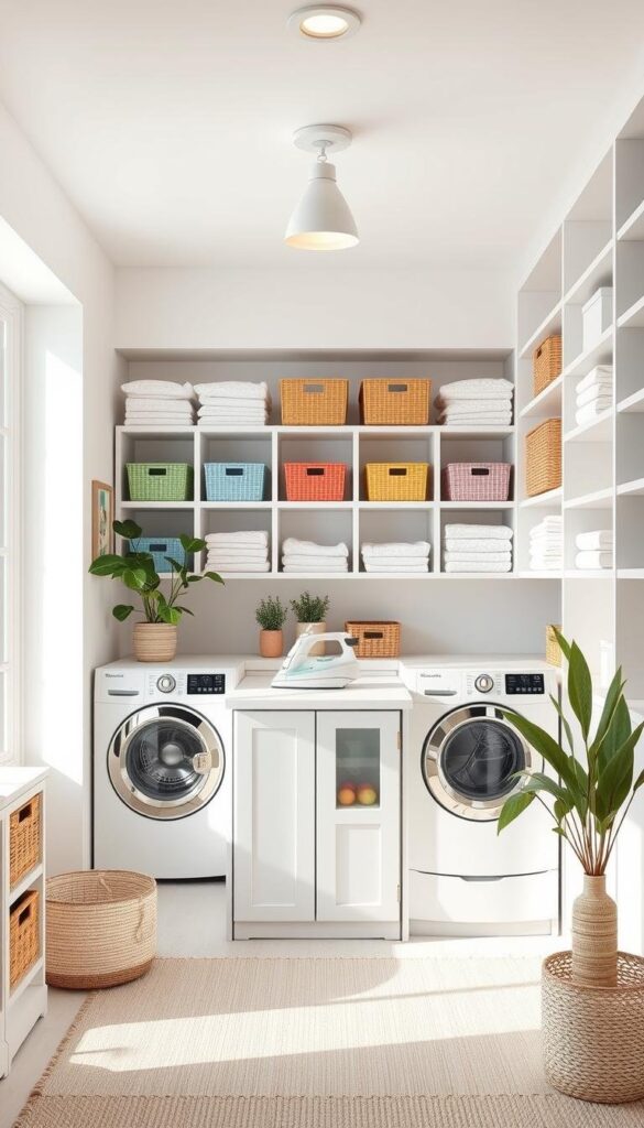 A bright, airy laundry room with a crisp, organized aesthetic. Shelves line the walls, filled with color-coded baskets and neatly folded linens. A central workstation features a sleek, minimalist design, with integrated storage compartments and a built-in ironing board. Soft, diffused lighting from overhead fixtures casts a warm glow, highlighting the clean, modern lines of the space. Potted plants and natural, woven accents add a touch of organic charm, creating a serene and efficient environment for tackling household chores. A bright, airy laundry room with a crisp, organized aesthetic. Shelves line the walls, filled with color-coded baskets and neatly folded linens. A central workstation features a sleek, minimalist design, with integrated storage compartments and a built-in ironing board. Soft, diffused lighting from overhead fixtures casts a warm glow, highlighting the clean, modern lines of the space. Potted plants and natural, woven accents add a touch of organic charm, creating a serene and efficient environment for tackling household chores.