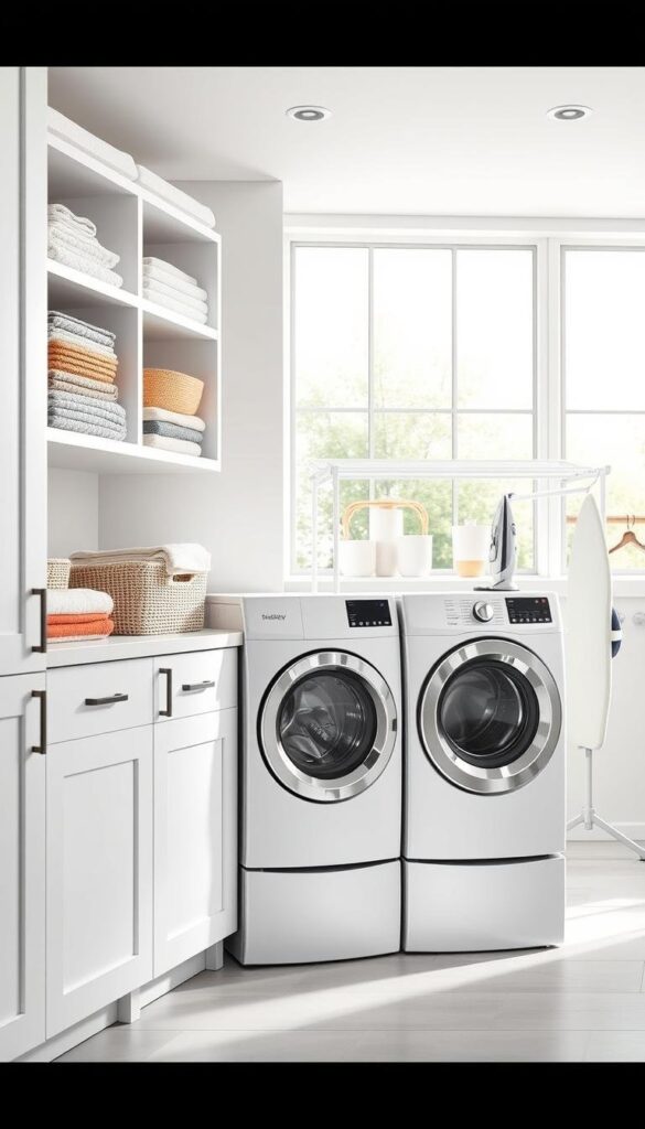 A bright, airy laundry room with efficient storage solutions. The foreground features clean, minimalist white cabinetry and shelves, perfectly organized with folded towels, baskets, and cleaning supplies. The middle ground showcases a modern, energy-efficient washer and dryer, their sleek stainless steel surfaces reflecting the ample natural light streaming in through large windows. In the background, a row of neatly hung drying racks and a built-in ironing board provide additional functionality. The overall atmosphere conveys a sense of order, productivity, and environmental consciousness, capturing the essence of an optimized, energy-efficient laundry space. A bright, airy laundry room with efficient storage solutions. The foreground features clean, minimalist white cabinetry and shelves, perfectly organized with folded towels, baskets, and cleaning supplies. The middle ground showcases a modern, energy-efficient washer and dryer, their sleek stainless steel surfaces reflecting the ample natural light streaming in through large windows. In the background, a row of neatly hung drying racks and a built-in ironing board provide additional functionality. The overall atmosphere conveys a sense of order, productivity, and environmental consciousness, capturing the essence of an optimized, energy-efficient laundry space.