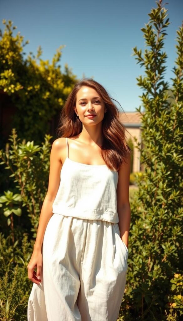 A bright, airy linen co-ord set for a warm summer day. In the foreground, a soft white linen crop top with delicate spaghetti straps. In the middle, a flowing linen skirt in a pale beige hue, softly swaying in a gentle breeze. The background features a sun-dappled garden, with verdant plants and a clear blue sky above. Warm, natural lighting casts a golden glow, creating a serene, effortless atmosphere. Captured with a wide-angle lens to emphasize the clean, minimalist lines of the outfit against the lush, tranquil setting. A bright, airy linen co-ord set for a warm summer day. In the foreground, a soft white linen crop top with delicate spaghetti straps. In the middle, a flowing linen skirt in a pale beige hue, softly swaying in a gentle breeze. The background features a sun-dappled garden, with verdant plants and a clear blue sky above. Warm, natural lighting casts a golden glow, creating a serene, effortless atmosphere. Captured with a wide-angle lens to emphasize the clean, minimalist lines of the outfit against the lush, tranquil setting.