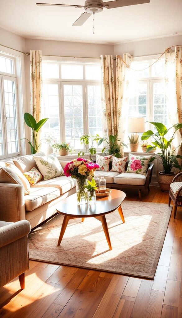 A bright, airy living room filled with summer-inspired patterns and prints. Sunlight streams through large windows, casting a warm glow over the space. In the foreground, a plush sofa is adorned with vibrant floral and botanical throw pillows. A mid-century modern coffee table takes center stage, topped with a vase of freshly cut flowers. In the middle ground, a vintage rug in a geometric pattern covers the hardwood floor, complementing the patterned curtains that frame the windows. The background features potted plants and natural decor elements, creating a serene, nature-inspired ambiance. The overall mood is light, breezy, and quintessentially summer. A bright, airy living room filled with summer-inspired patterns and prints. Sunlight streams through large windows, casting a warm glow over the space. In the foreground, a plush sofa is adorned with vibrant floral and botanical throw pillows. A mid-century modern coffee table takes center stage, topped with a vase of freshly cut flowers. In the middle ground, a vintage rug in a geometric pattern covers the hardwood floor, complementing the patterned curtains that frame the windows. The background features potted plants and natural decor elements, creating a serene, nature-inspired ambiance. The overall mood is light, breezy, and quintessentially summer.