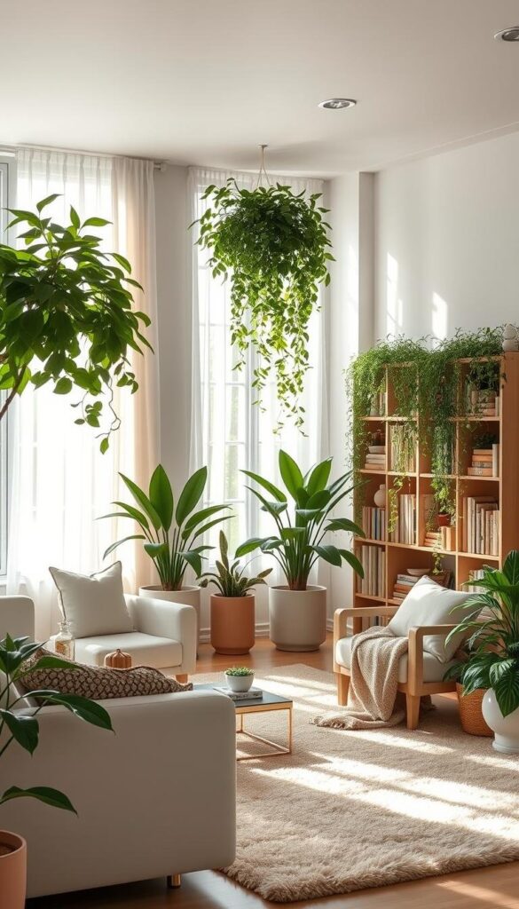 A bright, airy living room with lush indoor plants, bathed in soft, natural lighting. Sleek, minimalist furniture in neutral tones creates a calming, modern aesthetic. Tall potted plants adorning the corners, their verdant foliage cascading gracefully. Trailing vines spill over bookshelves, adding a touch of organic elegance. Large windows allow the outdoors to flow in, blurring the boundary between interior and exterior. Plush, textured area rugs and lush, plush throws complete the cozy, inviting ambiance. Sunlight streams through sheer curtains, casting a warm, golden glow throughout the space. This tranquil, nature-inspired living room embodies the essence of summer. A bright, airy living room with lush indoor plants, bathed in soft, natural lighting. Sleek, minimalist furniture in neutral tones creates a calming, modern aesthetic. Tall potted plants adorning the corners, their verdant foliage cascading gracefully. Trailing vines spill over bookshelves, adding a touch of organic elegance. Large windows allow the outdoors to flow in, blurring the boundary between interior and exterior. Plush, textured area rugs and lush, plush throws complete the cozy, inviting ambiance. Sunlight streams through sheer curtains, casting a warm, golden glow throughout the space. This tranquil, nature-inspired living room embodies the essence of summer.