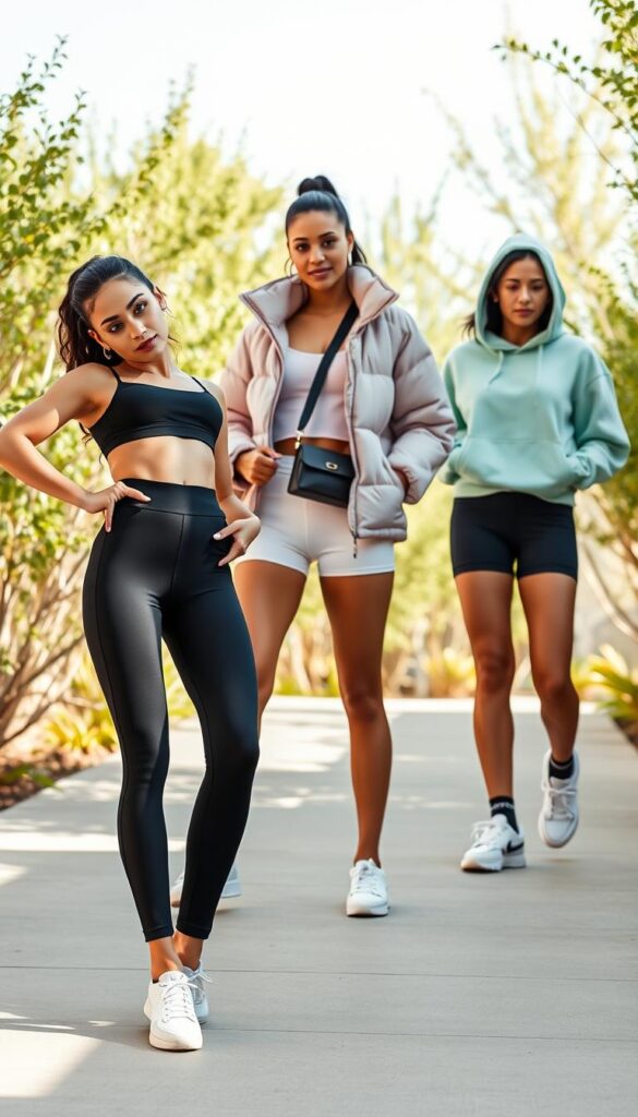 A bright, airy spring scene featuring three fashionable athleisure outfits on chic, diverse models. In the foreground, a model poses confidently in a sleek black sports bra, high-waisted leggings, and crisp white sneakers. The middle ground showcases another model in a blush-colored puffer jacket, cropped tank, and high-waisted bike shorts, accessorized with a sleek crossbody bag. In the background, a third model struts in a mint green hoodie, biker shorts, and chunky dad sneakers, against a backdrop of lush greenery and soft, flattering lighting. The models' poses are natural and dynamic, embodying a relaxed, effortless elegance. The color palette is fresh and inviting, with pops of pastel and neutral tones. Overall, the image radiates a sense of casual sophistication, perfectly encapsulating the "chic athleisure" aesthetic for spring. A bright, airy spring scene featuring three fashionable athleisure outfits on chic, diverse models. In the foreground, a model poses confidently in a sleek black sports bra, high-waisted leggings, and crisp white sneakers. The middle ground showcases another model in a blush-colored puffer jacket, cropped tank, and high-waisted bike shorts, accessorized with a sleek crossbody bag. In the background, a third model struts in a mint green hoodie, biker shorts, and chunky dad sneakers, against a backdrop of lush greenery and soft, flattering lighting. The models' poses are natural and dynamic, embodying a relaxed, effortless elegance. The color palette is fresh and inviting, with pops of pastel and neutral tones. Overall, the image radiates a sense of casual sophistication, perfectly encapsulating the "chic athleisure" aesthetic for spring.