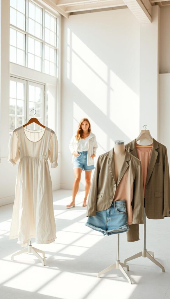 A bright, airy studio setting with natural light streaming in through large windows. In the foreground, a selection of spring fashion essentials are artfully arranged - a breezy linen dress, a tailored blazer, a pair of denim shorts, and lightweight tops in pastel shades. The middle ground features a model effortlessly showcasing the transitional pieces, posing casually against a minimalist background. The overall atmosphere exudes a sense of ease and effortless style, capturing the essence of a refreshed spring wardrobe. A bright, airy studio setting with natural light streaming in through large windows. In the foreground, a selection of spring fashion essentials are artfully arranged - a breezy linen dress, a tailored blazer, a pair of denim shorts, and lightweight tops in pastel shades. The middle ground features a model effortlessly showcasing the transitional pieces, posing casually against a minimalist background. The overall atmosphere exudes a sense of ease and effortless style, capturing the essence of a refreshed spring wardrobe.