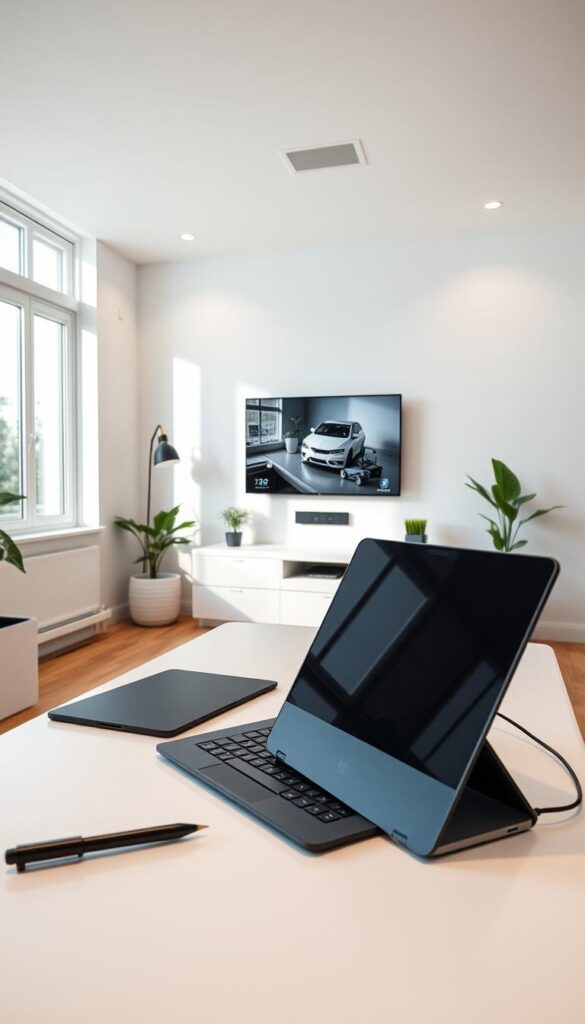 A bright, modern home office filled with cutting-edge smart technology. In the foreground, a sleek, ergonomic desk with a high-end laptop, stylus, and tablet seamlessly integrated. The middle ground showcases a wall-mounted touchscreen display, voice-controlled smart lighting, and a sophisticated cable management system. In the background, a large window floods the space with natural light, complemented by discreet recessed lighting. The overall atmosphere conveys a harmonious blend of style and productivity, inspiring focused work and creativity. The room is designed to maximize efficiency and leverage the latest advancements in smart home office solutions. A bright, modern home office filled with cutting-edge smart technology. In the foreground, a sleek, ergonomic desk with a high-end laptop, stylus, and tablet seamlessly integrated. The middle ground showcases a wall-mounted touchscreen display, voice-controlled smart lighting, and a sophisticated cable management system. In the background, a large window floods the space with natural light, complemented by discreet recessed lighting. The overall atmosphere conveys a harmonious blend of style and productivity, inspiring focused work and creativity. The room is designed to maximize efficiency and leverage the latest advancements in smart home office solutions.