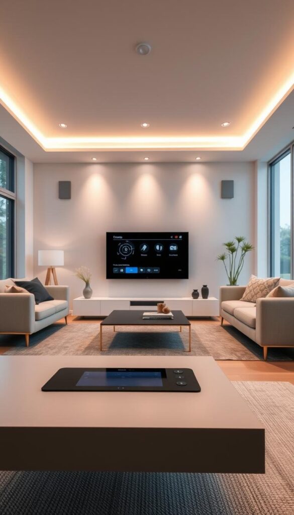 A bright, modern living room with sleek, integrated smart home technologies. In the foreground, a minimalist coffee table features a discreet control panel, seamlessly blending form and function. The middle ground showcases a wall-mounted touchscreen display, offering intuitive home automation and entertainment controls. Recessed lighting bathes the space in a warm, ambient glow, complemented by floor-to-ceiling windows that flood the room with natural light. The background features strategically placed smart speakers and sensors, creating a harmonious, high-tech sanctuary. The overall atmosphere is one of sophisticated, tech-savvy living, where design and innovation coexist effortlessly. A bright, modern living room with sleek, integrated smart home technologies. In the foreground, a minimalist coffee table features a discreet control panel, seamlessly blending form and function. The middle ground showcases a wall-mounted touchscreen display, offering intuitive home automation and entertainment controls. Recessed lighting bathes the space in a warm, ambient glow, complemented by floor-to-ceiling windows that flood the room with natural light. The background features strategically placed smart speakers and sensors, creating a harmonious, high-tech sanctuary. The overall atmosphere is one of sophisticated, tech-savvy living, where design and innovation coexist effortlessly.