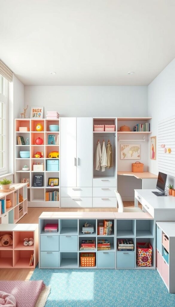 A bright, spacious kids' bedroom with an abundance of smart storage solutions. In the foreground, a series of modular shelves and cubbies in pastel hues, neatly organizing books, toys, and decorative items. In the middle ground, a freestanding wardrobe with integrated drawers and hanging rods, maximizing vertical space. Against the back wall, a workspace with a minimalist desk and pegboard panel, offering versatile storage for school supplies and art materials. Diffused natural light from large windows creates a warm, inviting atmosphere, highlighting the clean, uncluttered aesthetic. A balance of functionality and whimsy, this kids' bedroom showcases creative storage ideas for a fun and organized living space. A bright, spacious kids' bedroom with an abundance of smart storage solutions. In the foreground, a series of modular shelves and cubbies in pastel hues, neatly organizing books, toys, and decorative items. In the middle ground, a freestanding wardrobe with integrated drawers and hanging rods, maximizing vertical space. Against the back wall, a workspace with a minimalist desk and pegboard panel, offering versatile storage for school supplies and art materials. Diffused natural light from large windows creates a warm, inviting atmosphere, highlighting the clean, uncluttered aesthetic. A balance of functionality and whimsy, this kids' bedroom showcases creative storage ideas for a fun and organized living space.