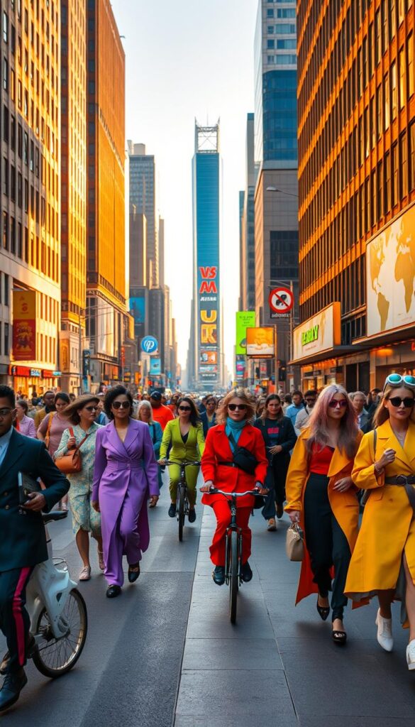 A bustling city street in 2026, illuminated by warm, golden sunlight filtering through the towering skyscrapers. In the foreground, a diverse array of fashionable individuals showcase the vibrant color trends dominating the era - bold primary hues, rich jewel tones, and unexpected pastel accents. Sleek, high-tech fabrics, asymmetric silhouettes, and avant-garde accessories create a futuristic, yet stylish ambiance. The middle ground features a mix of pedestrians, cyclists, and autonomous vehicles, all contributing to the dynamic, fast-paced energy of the scene. In the background, a backdrop of modern architecture and neon-lit billboards completes the vision of a cutting-edge, visually captivating street fashion landscape. A bustling city street in 2026, illuminated by warm, golden sunlight filtering through the towering skyscrapers. In the foreground, a diverse array of fashionable individuals showcase the vibrant color trends dominating the era - bold primary hues, rich jewel tones, and unexpected pastel accents. Sleek, high-tech fabrics, asymmetric silhouettes, and avant-garde accessories create a futuristic, yet stylish ambiance. The middle ground features a mix of pedestrians, cyclists, and autonomous vehicles, all contributing to the dynamic, fast-paced energy of the scene. In the background, a backdrop of modern architecture and neon-lit billboards completes the vision of a cutting-edge, visually captivating street fashion landscape.