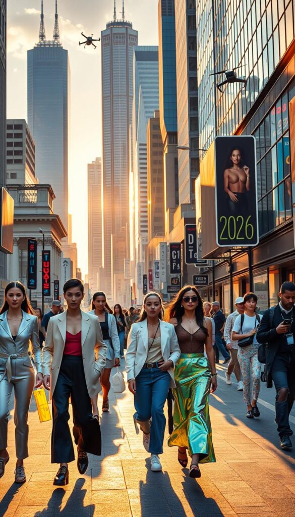 A bustling city street in the year 2026, illuminated by a warm, golden hour glow. In the foreground, a diverse group of fashionable individuals showcase the evolution of contemporary street style - from sleek, minimalist ensembles to bold, futuristic looks featuring iridescent fabrics, 3D-printed accessories, and adaptive smart garments. The middle ground captures the flow of pedestrian traffic, with passersby sporting a variety of cutting-edge silhouettes, colors, and textures that blend seamlessly into the urban landscape. In the background, towering skyscrapers and floating drone platforms set the stage for a vision of a technologically-advanced, style-conscious future. A bustling city street in the year 2026, illuminated by a warm, golden hour glow. In the foreground, a diverse group of fashionable individuals showcase the evolution of contemporary street style - from sleek, minimalist ensembles to bold, futuristic looks featuring iridescent fabrics, 3D-printed accessories, and adaptive smart garments. The middle ground captures the flow of pedestrian traffic, with passersby sporting a variety of cutting-edge silhouettes, colors, and textures that blend seamlessly into the urban landscape. In the background, towering skyscrapers and floating drone platforms set the stage for a vision of a technologically-advanced, style-conscious future.