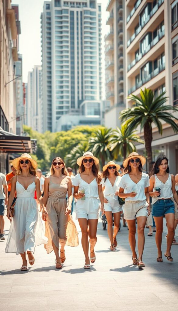 A bustling city street on a sunny summer day. In the foreground, a group of fashionable individuals stroll confidently, dressed in comfortable yet stylish vacation attire. Flowing sundresses, tailored shorts, and breathable linen tops in a palette of soft pastels and crisp whites. Complemented by chic sandals, straw hats, and effortless accessories that add a touch of sophistication. In the middle ground, modern high-rise buildings and vibrant greenery create an inviting urban backdrop. Warm, diffused lighting casts a warm glow, capturing the relaxed and carefree atmosphere of a city getaway. The scene exudes a sense of effortless style and the joy of exploring a new destination. A bustling city street on a sunny summer day. In the foreground, a group of fashionable individuals stroll confidently, dressed in comfortable yet stylish vacation attire. Flowing sundresses, tailored shorts, and breathable linen tops in a palette of soft pastels and crisp whites. Complemented by chic sandals, straw hats, and effortless accessories that add a touch of sophistication. In the middle ground, modern high-rise buildings and vibrant greenery create an inviting urban backdrop. Warm, diffused lighting casts a warm glow, capturing the relaxed and carefree atmosphere of a city getaway. The scene exudes a sense of effortless style and the joy of exploring a new destination.