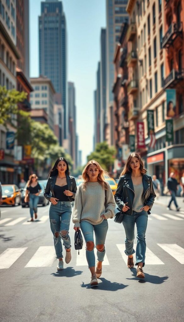 A bustling city street, sun-dappled and vibrant, showcases effortlessly chic casual outfits. In the foreground, fashionable pedestrians stride with confidence, donning a variety of relaxed yet stylish looks - distressed denim, oversized sweaters, and sleek leather jackets. In the middle ground, a mix of architectural styles sets the scene, from modern high-rises to historic brownstones. The background is a hazy blur of passing vehicles and colorful storefronts, creating an atmosphere of urban energy and style. Soft, natural lighting casts a warm glow, highlighting the textural details of the outfits. The overall mood is one of effortless, trendy street style that captures the zeitgeist of 2026. A bustling city street, sun-dappled and vibrant, showcases effortlessly chic casual outfits. In the foreground, fashionable pedestrians stride with confidence, donning a variety of relaxed yet stylish looks - distressed denim, oversized sweaters, and sleek leather jackets. In the middle ground, a mix of architectural styles sets the scene, from modern high-rises to historic brownstones. The background is a hazy blur of passing vehicles and colorful storefronts, creating an atmosphere of urban energy and style. Soft, natural lighting casts a warm glow, highlighting the textural details of the outfits. The overall mood is one of effortless, trendy street style that captures the zeitgeist of 2026.