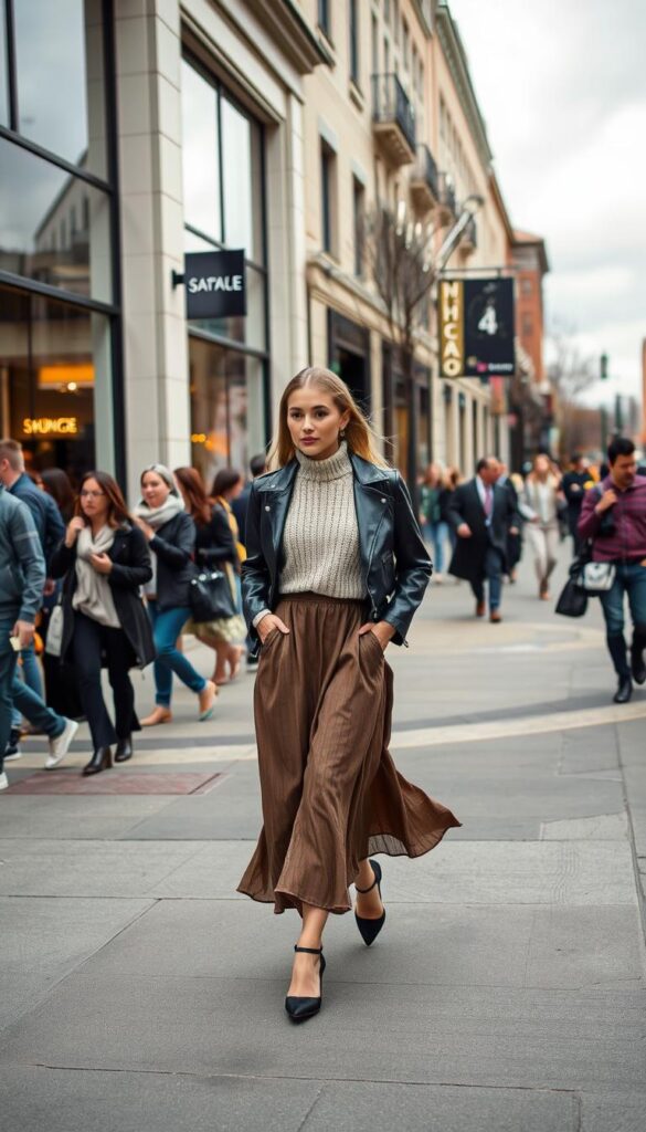 A bustling street corner on a crisp, overcast day. In the foreground, a fashionable figure strides purposefully, wearing a transitional layered ensemble - a lightweight knit sweater, a flowing midi skirt, and a sleek leather jacket that billows gently in the cool breeze. The middle ground reveals a diverse array of pedestrians, each sporting their own unique interpretations of transitional weather style, from denim jackets to lightweight scarves. In the background, the faΓ§ade of a chic boutique sets the scene, its large windows reflecting the muted tones of the overcast sky. The scene is bathed in a soft, diffused natural light, creating an atmosphere of effortless sophistication and sartorial harmony. A bustling street corner on a crisp, overcast day. In the foreground, a fashionable figure strides purposefully, wearing a transitional layered ensemble - a lightweight knit sweater, a flowing midi skirt, and a sleek leather jacket that billows gently in the cool breeze. The middle ground reveals a diverse array of pedestrians, each sporting their own unique interpretations of transitional weather style, from denim jackets to lightweight scarves. In the background, the faΓ§ade of a chic boutique sets the scene, its large windows reflecting the muted tones of the overcast sky. The scene is bathed in a soft, diffused natural light, creating an atmosphere of effortless sophistication and sartorial harmony.