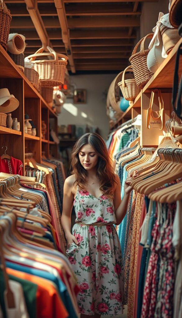 A bustling thrift store on a sunny summer day, wooden shelves filled with vibrant secondhand garments, a young woman browsing through racks of vintage dresses, a playful floral sundress in her hands, warm lighting casting a soft glow, a sense of discovery and sustainability in the air, natural textures like woven baskets and leather accents, a minimalist yet stylish aesthetic, effortless chic summer fashion. A bustling thrift store on a sunny summer day, wooden shelves filled with vibrant secondhand garments, a young woman browsing through racks of vintage dresses, a playful floral sundress in her hands, warm lighting casting a soft glow, a sense of discovery and sustainability in the air, natural textures like woven baskets and leather accents, a minimalist yet stylish aesthetic, effortless chic summer fashion.