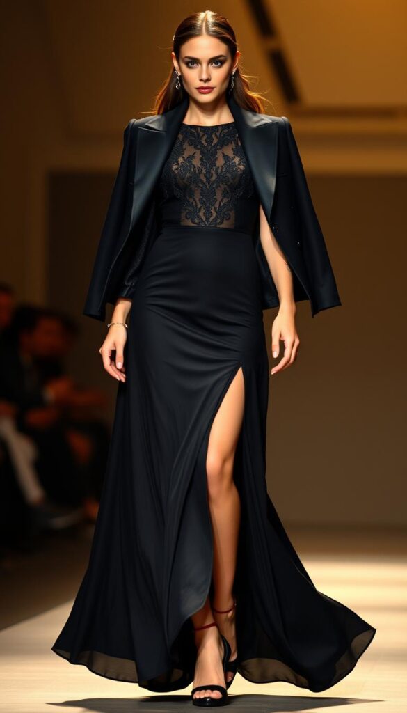 A captivating full-length black dress with a stylish and sophisticated silhouette, complemented by a chic outerwear piece draped elegantly over the shoulders. The dress features a high neckline, delicate lace accents, and a flowing, ankle-length skirt that creates a graceful, commanding presence. The outerwear, perhaps a tailored blazer or a sleek, structured coat, adds a touch of edgy elegance, elevating the ensemble to new heights. Warm, soft lighting casts a gentle glow, accentuating the luxurious textures and highlighting the wearer's confident, runway-ready poise. The image is captured from a slightly low angle, emphasizing the power and allure of the layered look, inviting the viewer to feel the energy and sophistication of this fashion-forward style. A captivating full-length black dress with a stylish and sophisticated silhouette, complemented by a chic outerwear piece draped elegantly over the shoulders. The dress features a high neckline, delicate lace accents, and a flowing, ankle-length skirt that creates a graceful, commanding presence. The outerwear, perhaps a tailored blazer or a sleek, structured coat, adds a touch of edgy elegance, elevating the ensemble to new heights. Warm, soft lighting casts a gentle glow, accentuating the luxurious textures and highlighting the wearer's confident, runway-ready poise. The image is captured from a slightly low angle, emphasizing the power and allure of the layered look, inviting the viewer to feel the energy and sophistication of this fashion-forward style.
