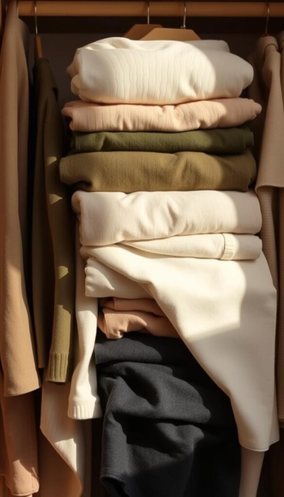 A carefully curated collection of muted, earthy tones in a minimalist capsule wardrobe. Soft, neutral shades of beige, olive, charcoal, and ivory artfully coordinated on neatly folded garments and accessories. The scene is bathed in warm, natural lighting, creating a serene, effortless ambiance. The items are arranged in a balanced, visually pleasing composition, showcasing their versatility and mix-and-match potential. A sense of harmony and simplicity pervades the image, reflecting the timeless elegance of a well-designed capsule wardrobe. A carefully curated collection of muted, earthy tones in a minimalist capsule wardrobe. Soft, neutral shades of beige, olive, charcoal, and ivory artfully coordinated on neatly folded garments and accessories. The scene is bathed in warm, natural lighting, creating a serene, effortless ambiance. The items are arranged in a balanced, visually pleasing composition, showcasing their versatility and mix-and-match potential. A sense of harmony and simplicity pervades the image, reflecting the timeless elegance of a well-designed capsule wardrobe.