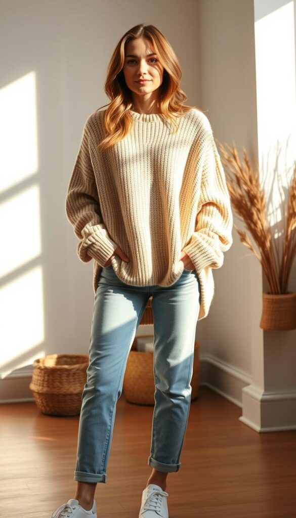 A casual and cozy weekend outfit featuring a soft, textured beige sweater, paired with light-wash blue jeans and comfortable white sneakers. The sweater has a slightly oversized, slouchy silhouette, creating a relaxed, effortless look. The lighting is warm and natural, casting a soft glow on the outfit. The scene is set in a minimalist, clean-lined interior, with a neutral color palette and natural elements like plants or wood accents in the background, emphasizing the tranquil, homely atmosphere. A casual and cozy weekend outfit featuring a soft, textured beige sweater, paired with light-wash blue jeans and comfortable white sneakers. The sweater has a slightly oversized, slouchy silhouette, creating a relaxed, effortless look. The lighting is warm and natural, casting a soft glow on the outfit. The scene is set in a minimalist, clean-lined interior, with a neutral color palette and natural elements like plants or wood accents in the background, emphasizing the tranquil, homely atmosphere.
