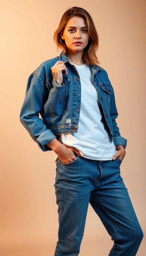A casual yet stylish denim outfit featuring a distressed denim jacket, relaxed-fit blue jeans, and a crisp white t-shirt. The model is posed in a natural, effortless stance, with the denim jacket casually slung over their shoulders. The lighting is soft and diffused, creating a warm, inviting atmosphere. The background is a minimalist studio setting, allowing the outfit to be the focal point. The overall composition emphasizes the versatility and timeless appeal of this classic denim ensemble. A casual yet stylish denim outfit featuring a distressed denim jacket, relaxed-fit blue jeans, and a crisp white t-shirt. The model is posed in a natural, effortless stance, with the denim jacket casually slung over their shoulders. The lighting is soft and diffused, creating a warm, inviting atmosphere. The background is a minimalist studio setting, allowing the outfit to be the focal point. The overall composition emphasizes the versatility and timeless appeal of this classic denim ensemble.