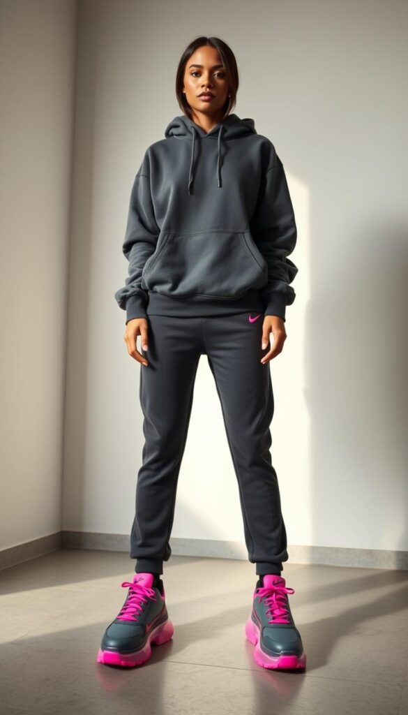 A chic, monochrome sweatsuit in a rich, charcoal gray hue. The outfit features a relaxed, oversized hoodie and matching, tapered sweatpants, tailored for a flattering, slouchy silhouette. Grounding the look, a pair of bold, statement sneakers in a vibrant, neon-pink colorway, their chunky soles creating a dynamic contrast against the muted tones of the sweatsuit. Soft, diffused lighting illuminates the scene, casting subtle shadows that accentuate the outfit's clean lines and premium fabrication. The overall mood is one of effortless, off-duty cool - a stylish, casual ensemble perfect for taking on the day in confident, baddie fashion. A chic, monochrome sweatsuit in a rich, charcoal gray hue. The outfit features a relaxed, oversized hoodie and matching, tapered sweatpants, tailored for a flattering, slouchy silhouette. Grounding the look, a pair of bold, statement sneakers in a vibrant, neon-pink colorway, their chunky soles creating a dynamic contrast against the muted tones of the sweatsuit. Soft, diffused lighting illuminates the scene, casting subtle shadows that accentuate the outfit's clean lines and premium fabrication. The overall mood is one of effortless, off-duty cool - a stylish, casual ensemble perfect for taking on the day in confident, baddie fashion.