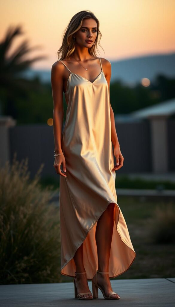 A chic, versatile slip dress in a shimmering satin fabric, gracefully cascading over the model's figure. The dress features delicate spaghetti straps and a subtle high-low hemline, creating an effortlessly elegant silhouette. The model is positioned against a softly blurred, warm-toned summer evening backdrop, with a hint of golden hour lighting casting a warm, romantic glow. The overall mood is one of refined, summertime sophistication - a look that seamlessly transitions from day to night. The model's accessories, such as delicate jewelry and strappy heeled sandals, complement the ensemble, elevating the entire outfit to an evening-ready style. A chic, versatile slip dress in a shimmering satin fabric, gracefully cascading over the model's figure. The dress features delicate spaghetti straps and a subtle high-low hemline, creating an effortlessly elegant silhouette. The model is positioned against a softly blurred, warm-toned summer evening backdrop, with a hint of golden hour lighting casting a warm, romantic glow. The overall mood is one of refined, summertime sophistication - a look that seamlessly transitions from day to night. The model's accessories, such as delicate jewelry and strappy heeled sandals, complement the ensemble, elevating the entire outfit to an evening-ready style.