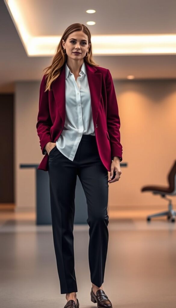 A chic winter business casual outfit featuring a statement separate in the foreground. A well-tailored blazer in a rich jewel-toned hue, paired with a crisp white button-up blouse. In the middle ground, sleek black trousers and leather loafers create a polished look. The background has a minimalist, modern office setting with clean lines and muted tones, bathed in warm, directional lighting to emphasize the outfit. The overall mood is one of sophisticated professionalism and effortless style. A chic winter business casual outfit featuring a statement separate in the foreground. A well-tailored blazer in a rich jewel-toned hue, paired with a crisp white button-up blouse. In the middle ground, sleek black trousers and leather loafers create a polished look. The background has a minimalist, modern office setting with clean lines and muted tones, bathed in warm, directional lighting to emphasize the outfit. The overall mood is one of sophisticated professionalism and effortless style.