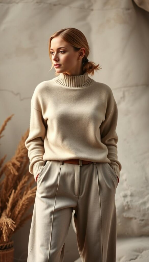 A classic, high-quality cashmere sweater in a neutral tone, perhaps beige or light gray, sits atop a pair of tailored, wide-leg pants in a complementary color. The outfit is captured in a softly-lit, natural setting, perhaps with a subtle background of muted colors or textures that enhance the premium, sophisticated aesthetic. The lighting is gentle, creating a warm, inviting ambiance that showcases the luxurious textures and elegant silhouette of the pieces. The camera angle is slightly elevated, allowing the viewer to appreciate the full length of the wide-leg pants and the effortless, sophisticated style of the ensemble. A classic, high-quality cashmere sweater in a neutral tone, perhaps beige or light gray, sits atop a pair of tailored, wide-leg pants in a complementary color. The outfit is captured in a softly-lit, natural setting, perhaps with a subtle background of muted colors or textures that enhance the premium, sophisticated aesthetic. The lighting is gentle, creating a warm, inviting ambiance that showcases the luxurious textures and elegant silhouette of the pieces. The camera angle is slightly elevated, allowing the viewer to appreciate the full length of the wide-leg pants and the effortless, sophisticated style of the ensemble.