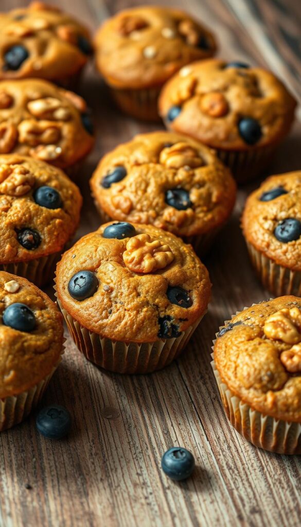A close-up photograph of an assortment of freshly baked, golden-brown muffins arranged on a rustic wooden table. The muffins are filled with a variety of nutritious ingredients such as blueberries, chopped walnuts, shredded carrots, and chia seeds, creating a visually appealing and texturally diverse display. The lighting is soft and natural, casting a warm glow on the muffins and highlighting their inviting appearance. The image conveys a sense of healthfulness, homemade comfort, and the perfect balance between indulgence and nutrition. A close-up photograph of an assortment of freshly baked, golden-brown muffins arranged on a rustic wooden table. The muffins are filled with a variety of nutritious ingredients such as blueberries, chopped walnuts, shredded carrots, and chia seeds, creating a visually appealing and texturally diverse display. The lighting is soft and natural, casting a warm glow on the muffins and highlighting their inviting appearance. The image conveys a sense of healthfulness, homemade comfort, and the perfect balance between indulgence and nutrition.