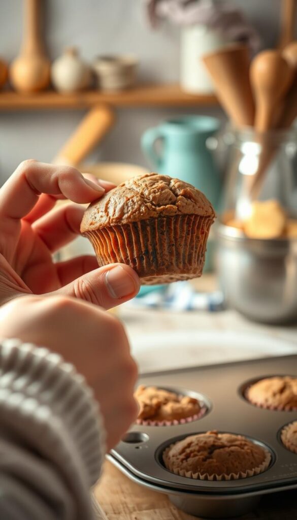 A close-up shot of a baker's hands carefully examining a freshly baked muffin, with a variety of baking tools and ingredients visible in the background. The muffin is slightly misshapen, hinting at a potential baking issue. Soft, warm lighting casts a cozy, inviting atmosphere, while the focus remains on the troubleshooting process. The scene conveys a sense of problem-solving and the desire to understand and improve the baking outcome. A close-up shot of a baker's hands carefully examining a freshly baked muffin, with a variety of baking tools and ingredients visible in the background. The muffin is slightly misshapen, hinting at a potential baking issue. Soft, warm lighting casts a cozy, inviting atmosphere, while the focus remains on the troubleshooting process. The scene conveys a sense of problem-solving and the desire to understand and improve the baking outcome.