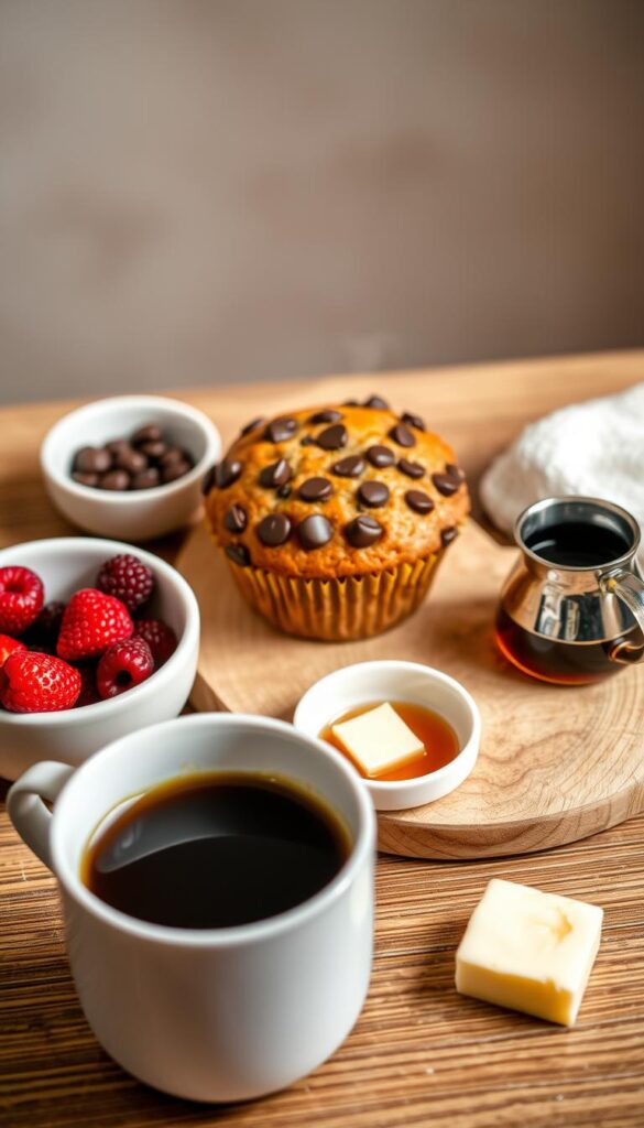A close-up shot of a wooden table with a freshly baked chocolate chip muffin placed at the center, accompanied by complementary breakfast items arranged around it. In the foreground, a steaming cup of rich, aromatic coffee and a small bowl of fresh berries. In the middle ground, a small pitcher of maple syrup and a pat of creamy butter, inviting the viewer to customize the muffin experience. The background features a neutral, softly-lit ambiance, drawing the eye towards the delectable muffin and its delightful pairings. The overall scene exudes a cozy, inviting atmosphere, perfect for an indulgent breakfast. A close-up shot of a wooden table with a freshly baked chocolate chip muffin placed at the center, accompanied by complementary breakfast items arranged around it. In the foreground, a steaming cup of rich, aromatic coffee and a small bowl of fresh berries. In the middle ground, a small pitcher of maple syrup and a pat of creamy butter, inviting the viewer to customize the muffin experience. The background features a neutral, softly-lit ambiance, drawing the eye towards the delectable muffin and its delightful pairings. The overall scene exudes a cozy, inviting atmosphere, perfect for an indulgent breakfast.