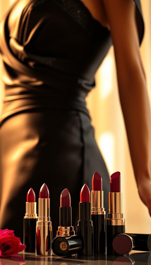 A close-up shot of an elegant black dress with a shimmering satin texture, framed against a soft, blurred backdrop. The foreground features an assortment of luxurious lipstick shades ranging from deep crimson to bold plum, arranged artfully in the frame. Subtle highlights and shadows accentuate the depth and dimension of the makeup products, creating a sense of depth and refinement. The lighting is warm and inviting, casting a golden glow that enhances the opulent feel of the scene. The overall composition is visually striking, drawing the viewer's attention to the harmonious interplay of the black dress and the carefully curated lipstick colors. A close-up shot of an elegant black dress with a shimmering satin texture, framed against a soft, blurred backdrop. The foreground features an assortment of luxurious lipstick shades ranging from deep crimson to bold plum, arranged artfully in the frame. Subtle highlights and shadows accentuate the depth and dimension of the makeup products, creating a sense of depth and refinement. The lighting is warm and inviting, casting a golden glow that enhances the opulent feel of the scene. The overall composition is visually striking, drawing the viewer's attention to the harmonious interplay of the black dress and the carefully curated lipstick colors.