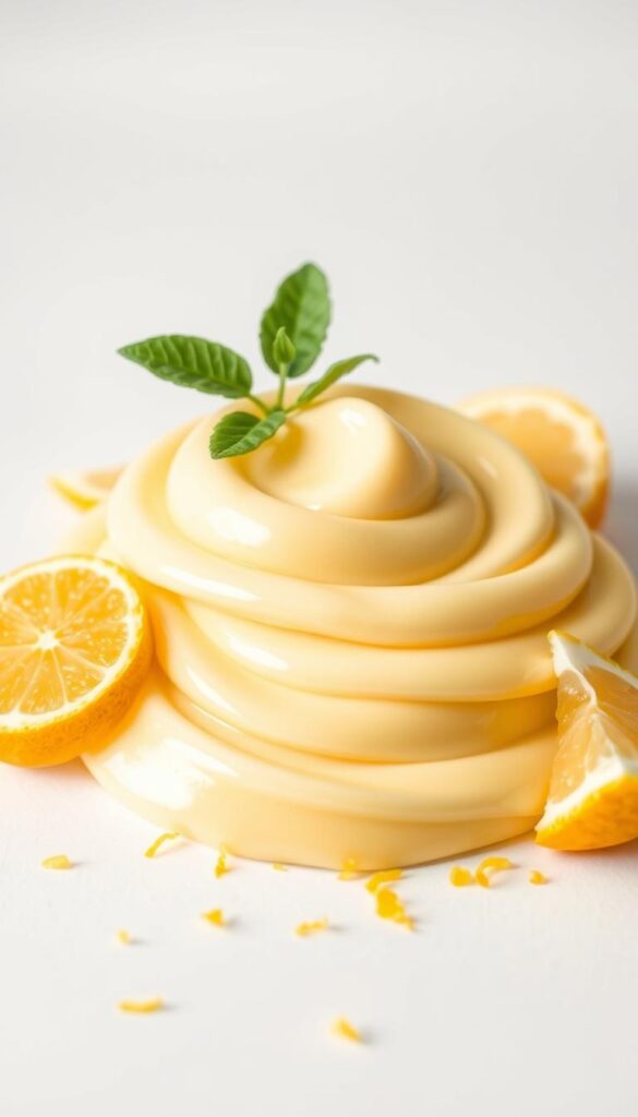 A close-up shot of freshly prepared lemon icing, set against a light, airy background. The icing is silky smooth, with a vibrant yellow hue and a glossy sheen. Lemon zest and a few lemon wedges are artfully arranged around the icing, adding pops of citrus color and a sense of freshness. Soft, directional lighting casts gentle shadows, highlighting the texture and depth of the icing. The composition is balanced and inviting, drawing the viewer's attention to the delicate, tempting preparation. A close-up shot of freshly prepared lemon icing, set against a light, airy background. The icing is silky smooth, with a vibrant yellow hue and a glossy sheen. Lemon zest and a few lemon wedges are artfully arranged around the icing, adding pops of citrus color and a sense of freshness. Soft, directional lighting casts gentle shadows, highlighting the texture and depth of the icing. The composition is balanced and inviting, drawing the viewer's attention to the delicate, tempting preparation.