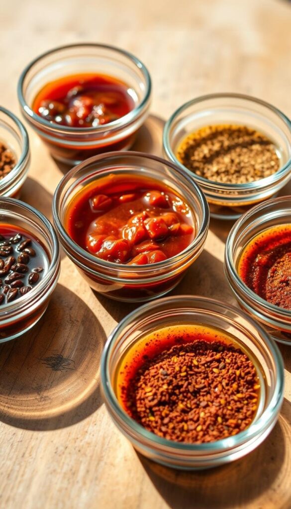 A close-up view of several small glass bowls filled with aromatic marinades and spice blends for barbecue meats. The bowls are arranged on a rustic wooden surface, with a neutral background that allows the rich colors and textures of the marinades to take center stage. Warm, natural lighting casts soft shadows, highlighting the depth and complexity of the marinades. The scene conveys a sense of anticipation and the promise of flavorful, juicy barbecued meats. A close-up view of several small glass bowls filled with aromatic marinades and spice blends for barbecue meats. The bowls are arranged on a rustic wooden surface, with a neutral background that allows the rich colors and textures of the marinades to take center stage. Warm, natural lighting casts soft shadows, highlighting the depth and complexity of the marinades. The scene conveys a sense of anticipation and the promise of flavorful, juicy barbecued meats.