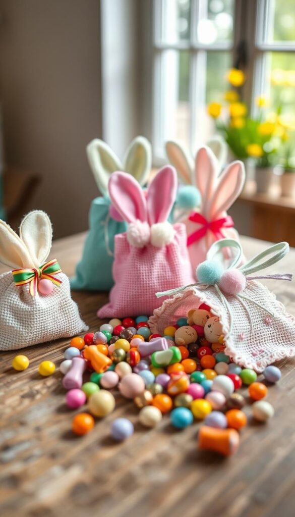 A colorful assortment of DIY Easter treat bags in various pastel shades, arranged on a rustic wooden surface. The bags are crafted from textured paper or fabric, adorned with playful bunny ears, pom-poms, and vibrant ribbons. The foreground showcases the intricate details of the handmade bags, while the middle ground features an assortment of candies, chocolates, and small plush toys spilling out. The background is softly blurred, creating a warm and inviting atmosphere, lit by natural sunlight filtering through a window. The overall scene conveys a sense of creativity, festivity, and the joy of DIY Easter treats. A colorful assortment of DIY Easter treat bags in various pastel shades, arranged on a rustic wooden surface. The bags are crafted from textured paper or fabric, adorned with playful bunny ears, pom-poms, and vibrant ribbons. The foreground showcases the intricate details of the handmade bags, while the middle ground features an assortment of candies, chocolates, and small plush toys spilling out. The background is softly blurred, creating a warm and inviting atmosphere, lit by natural sunlight filtering through a window. The overall scene conveys a sense of creativity, festivity, and the joy of DIY Easter treats.