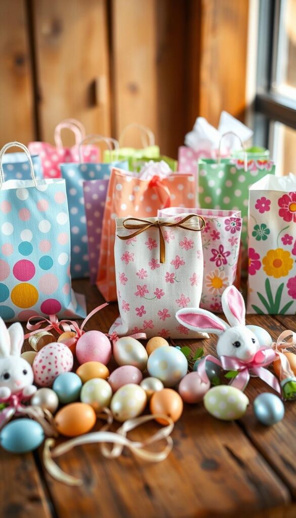 A colorful assortment of artfully crafted Easter treat bags, arranged on a rustic wooden table. The bags feature vibrant patterns and textures, ranging from pastel polka dots to whimsical floral designs. In the foreground, a playful collection of Easter-themed elements, such as plush bunnies, speckled eggs, and delicate ribbons, create a charming and inviting display. The middle ground showcases the diverse bag shapes and sizes, each one a unique expression of creativity. The background is softly blurred, allowing the focus to remain on the inviting, handmade treats. Warm, natural lighting casts a gentle glow, enhancing the overall sense of warmth and whimsy. A colorful assortment of artfully crafted Easter treat bags, arranged on a rustic wooden table. The bags feature vibrant patterns and textures, ranging from pastel polka dots to whimsical floral designs. In the foreground, a playful collection of Easter-themed elements, such as plush bunnies, speckled eggs, and delicate ribbons, create a charming and inviting display. The middle ground showcases the diverse bag shapes and sizes, each one a unique expression of creativity. The background is softly blurred, allowing the focus to remain on the inviting, handmade treats. Warm, natural lighting casts a gentle glow, enhancing the overall sense of warmth and whimsy.