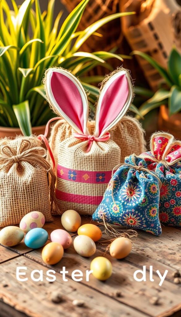 A colorful assortment of eco-friendly DIY treat bags made from natural materials like burlap, raffia, and colorful patterned fabric. The bags are displayed on a rustic wooden table, with a background of lush green plants and natural textures. Warm, soft lighting casts a cozy, inviting atmosphere, highlighting the artisanal craftsmanship of the bags. The composition emphasizes the handmade, sustainable nature of the DIY treats, appealing to an audience interested in environmentally-conscious, kid-friendly Easter activities. A colorful assortment of eco-friendly DIY treat bags made from natural materials like burlap, raffia, and colorful patterned fabric. The bags are displayed on a rustic wooden table, with a background of lush green plants and natural textures. Warm, soft lighting casts a cozy, inviting atmosphere, highlighting the artisanal craftsmanship of the bags. The composition emphasizes the handmade, sustainable nature of the DIY treats, appealing to an audience interested in environmentally-conscious, kid-friendly Easter activities.