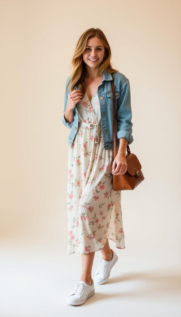 A comfortable, yet stylish spring travel outfit. A soft, flowy midi dress in a springtime floral pattern, paired with a lightweight denim jacket. The outfit is completed with low-profile white sneakers and a cross-body leather bag. The lighting is warm and natural, with a soft, diffused quality, creating a cozy, relaxed atmosphere. The background is a clean, minimalist setting, allowing the outfit to be the focal point. The entire scene conveys a sense of easy elegance and effortless transitional style, perfect for a day of errands or light travel. A comfortable, yet stylish spring travel outfit. A soft, flowy midi dress in a springtime floral pattern, paired with a lightweight denim jacket. The outfit is completed with low-profile white sneakers and a cross-body leather bag. The lighting is warm and natural, with a soft, diffused quality, creating a cozy, relaxed atmosphere. The background is a clean, minimalist setting, allowing the outfit to be the focal point. The entire scene conveys a sense of easy elegance and effortless transitional style, perfect for a day of errands or light travel.