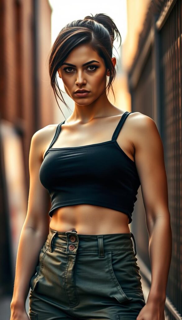 A confident young woman wearing a tight-fitting, cropped black tank top and high-waisted, olive green cargo pants with multiple pockets. Her toned midriff is visible, and she has a determined, fierce expression on her face. Warm, natural lighting from the side creates dramatic shadows and highlights her strong features. The background is blurred, creating a soft, urban atmosphere with hints of brick walls and metal fencing. The overall vibe is one of edgy, street-style fashion and unwavering self-assurance. A confident young woman wearing a tight-fitting, cropped black tank top and high-waisted, olive green cargo pants with multiple pockets. Her toned midriff is visible, and she has a determined, fierce expression on her face. Warm, natural lighting from the side creates dramatic shadows and highlights her strong features. The background is blurred, creating a soft, urban atmosphere with hints of brick walls and metal fencing. The overall vibe is one of edgy, street-style fashion and unwavering self-assurance.