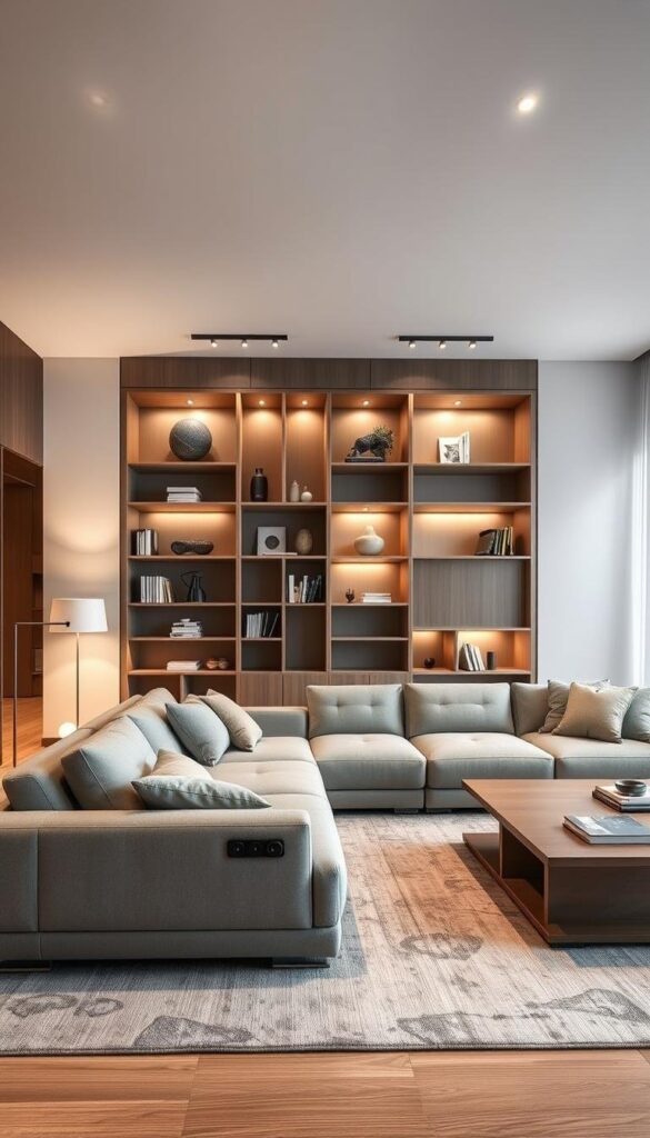 A contemporary living room featuring an innovative modular sofa with adjustable backrests and hidden storage compartments. The sofa is complemented by a transformable coffee table that can expand to accommodate extra seating or a work surface. In the background, a minimalist bookshelf doubles as a room divider, incorporating clever niches for displaying decor and concealing media equipment. Soft, diffused lighting from floor lamps and recessed ceiling fixtures create a warm, inviting atmosphere, while the use of natural materials like wood and textiles lends an organic feel to the space. A contemporary living room featuring an innovative modular sofa with adjustable backrests and hidden storage compartments. The sofa is complemented by a transformable coffee table that can expand to accommodate extra seating or a work surface. In the background, a minimalist bookshelf doubles as a room divider, incorporating clever niches for displaying decor and concealing media equipment. Soft, diffused lighting from floor lamps and recessed ceiling fixtures create a warm, inviting atmosphere, while the use of natural materials like wood and textiles lends an organic feel to the space.