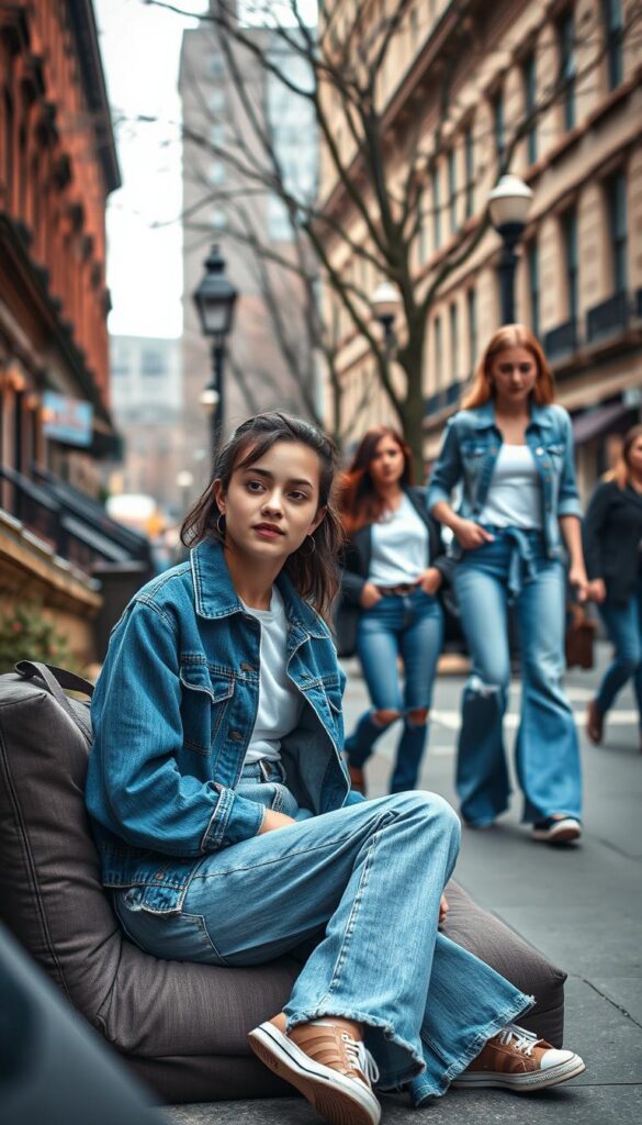 A cozy and casual scene showcasing essential everyday denim looks. In the foreground, a young woman casually lounges in a classic blue jean jacket and light wash mom jeans, her hands folded in her lap. In the middle ground, another person strolls by in distressed skinny jeans, a white tee, and a denim button-up tied around the waist. The background features a city streetscape with brownstone buildings, lampposts, and passersby in a variety of denim styles - flared, cropped, wide-leg. The lighting is soft and diffused, creating a warm, inviting atmosphere. The camera angle is slightly elevated, capturing the scene from a thoughtful, observational perspective. A cozy and casual scene showcasing essential everyday denim looks. In the foreground, a young woman casually lounges in a classic blue jean jacket and light wash mom jeans, her hands folded in her lap. In the middle ground, another person strolls by in distressed skinny jeans, a white tee, and a denim button-up tied around the waist. The background features a city streetscape with brownstone buildings, lampposts, and passersby in a variety of denim styles - flared, cropped, wide-leg. The lighting is soft and diffused, creating a warm, inviting atmosphere. The camera angle is slightly elevated, capturing the scene from a thoughtful, observational perspective.