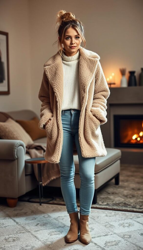 A cozy and casual winter outfit featuring a plush teddy coat. The model is standing in a cozy, dimly lit living room, surrounded by soft furnishings and warm lighting. The teddy coat is a neutral beige color, complemented by a simple white sweater, light blue jeans, and comfortable ankle boots. The model's hair is styled in a messy, effortless bun, and their expression conveys a relaxed, weekend vibe. The scene is shot from a slightly elevated angle, capturing the model's full-length silhouette and creating a sense of coziness and comfort. A cozy and casual winter outfit featuring a plush teddy coat. The model is standing in a cozy, dimly lit living room, surrounded by soft furnishings and warm lighting. The teddy coat is a neutral beige color, complemented by a simple white sweater, light blue jeans, and comfortable ankle boots. The model's hair is styled in a messy, effortless bun, and their expression conveys a relaxed, weekend vibe. The scene is shot from a slightly elevated angle, capturing the model's full-length silhouette and creating a sense of coziness and comfort.