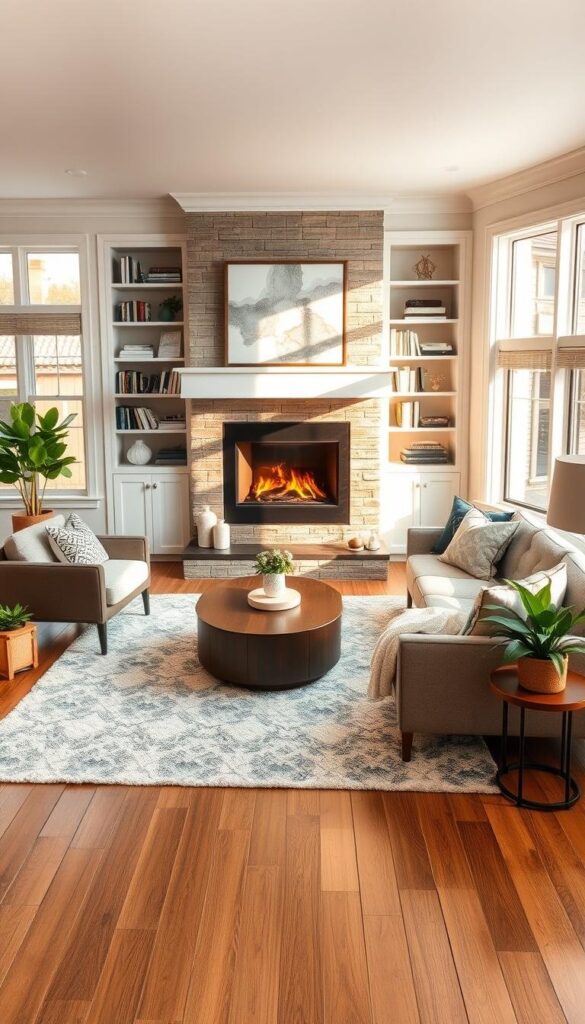 A cozy and functional living room layout with a modern fireplace centerpiece, flanked by built-in bookshelves and a comfortable seating arrangement. The room is bathed in warm, natural lighting from large windows, casting a soft glow on the neutral-toned decor and hardwood floors. Plush area rugs, decorative throw pillows, and potted plants add layers of texture and inviting accents. The overall atmosphere is one of relaxation and sophisticated style, perfect for a living room makeover. A cozy and functional living room layout with a modern fireplace centerpiece, flanked by built-in bookshelves and a comfortable seating arrangement. The room is bathed in warm, natural lighting from large windows, casting a soft glow on the neutral-toned decor and hardwood floors. Plush area rugs, decorative throw pillows, and potted plants add layers of texture and inviting accents. The overall atmosphere is one of relaxation and sophisticated style, perfect for a living room makeover.
