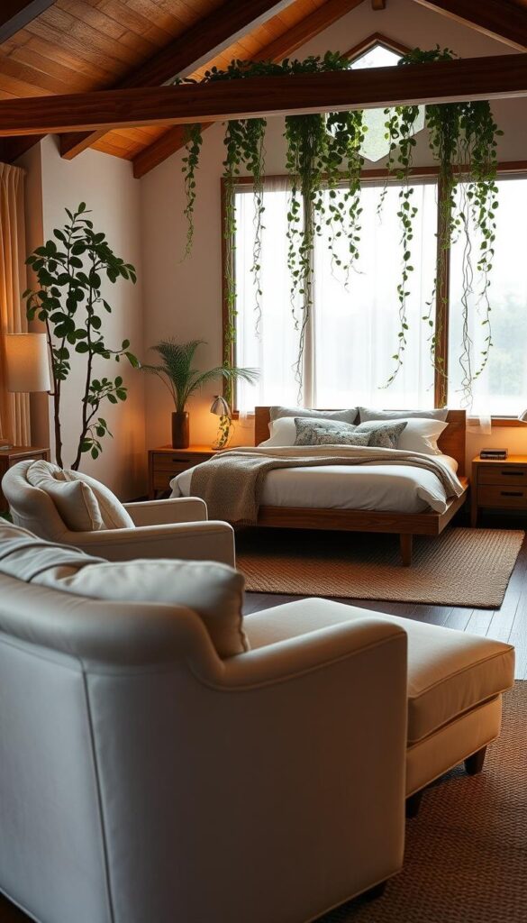 A cozy and inviting bedroom retreat, illuminated by warm, soft lighting. In the foreground, a plush, oversized armchair and an elegant chaise lounge beckon for relaxation. The middle ground features a harmonious arrangement of a low platform bed with crisp, white linens and smooth wood nightstands. Lush, trailing plants adorn the space, creating a serene, nature-inspired ambiance. The background showcases a large window, allowing natural light to filter in and highlighting the tranquil, earthy color palette throughout. A cozy and inviting bedroom retreat, illuminated by warm, soft lighting. In the foreground, a plush, oversized armchair and an elegant chaise lounge beckon for relaxation. The middle ground features a harmonious arrangement of a low platform bed with crisp, white linens and smooth wood nightstands. Lush, trailing plants adorn the space, creating a serene, nature-inspired ambiance. The background showcases a large window, allowing natural light to filter in and highlighting the tranquil, earthy color palette throughout.