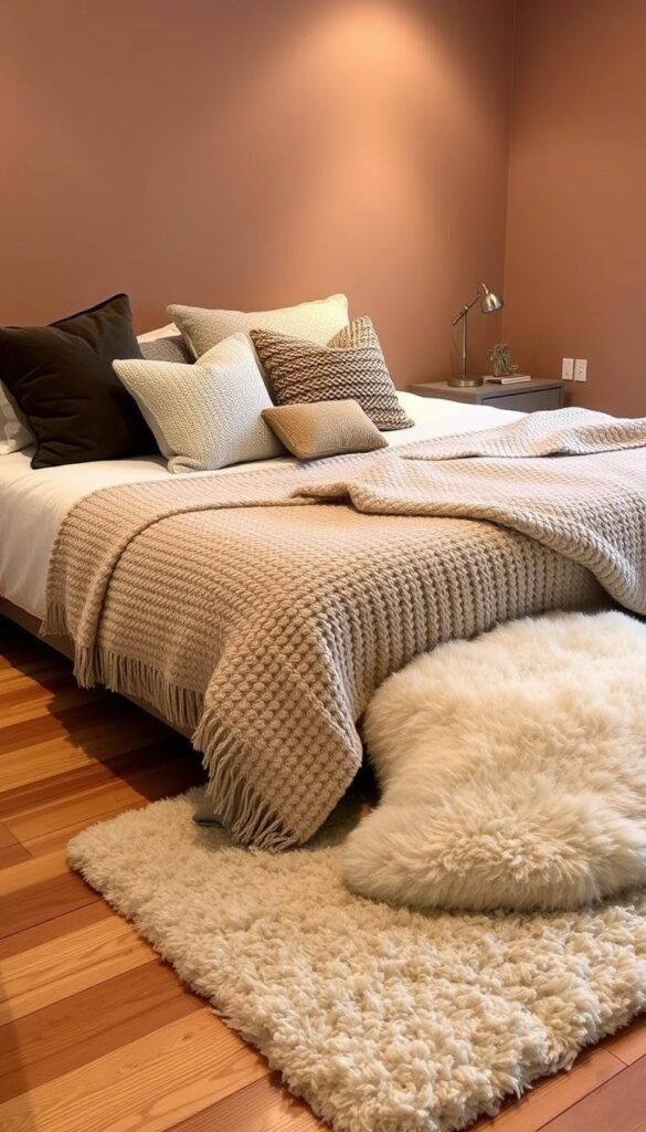 A cozy and inviting bedroom with a soft, plush rug covering the hardwood floor. The bed is adorned with a thick, textured blanket in a neutral tone, adding a layer of warmth and comfort. Decorative throw pillows in various textures, such as velvet and knit, are scattered across the bed, creating a visually appealing and tactile display. The walls are painted in a soothing, earthy color, and a large, fluffy sheepskin rug is positioned next to the bed, inviting bare feet to sink in. Soft, indirect lighting casts a gentle glow throughout the space, creating a serene and relaxing atmosphere. A cozy and inviting bedroom with a soft, plush rug covering the hardwood floor. The bed is adorned with a thick, textured blanket in a neutral tone, adding a layer of warmth and comfort. Decorative throw pillows in various textures, such as velvet and knit, are scattered across the bed, creating a visually appealing and tactile display. The walls are painted in a soothing, earthy color, and a large, fluffy sheepskin rug is positioned next to the bed, inviting bare feet to sink in. Soft, indirect lighting casts a gentle glow throughout the space, creating a serene and relaxing atmosphere.