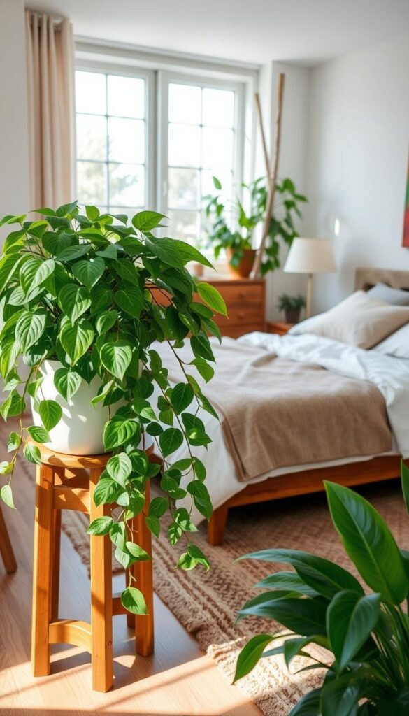 A cozy and inviting bedroom with lush greenery. In the foreground, a large, cascading indoor plant spills over a wooden plant stand, its vibrant leaves casting soft shadows on the bedside table. In the middle ground, a tall, slender plant stands on the dresser, its stalks reaching towards the natural light filtering in through large windows. The background features a plush, neutral-toned bed with crisp, white bedding, complemented by warm wooden accents and plush textiles. The overall atmosphere is serene, calming, and evocative of a tranquil, nature-inspired sanctuary. A cozy and inviting bedroom with lush greenery. In the foreground, a large, cascading indoor plant spills over a wooden plant stand, its vibrant leaves casting soft shadows on the bedside table. In the middle ground, a tall, slender plant stands on the dresser, its stalks reaching towards the natural light filtering in through large windows. The background features a plush, neutral-toned bed with crisp, white bedding, complemented by warm wooden accents and plush textiles. The overall atmosphere is serene, calming, and evocative of a tranquil, nature-inspired sanctuary.
