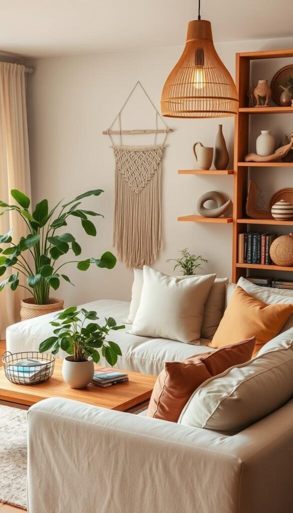 A cozy and inviting eco-friendly living room with natural materials and sustainable decor. In the foreground, a spacious sectional sofa with plush organic cotton upholstery and throw pillows in earthy tones. A wooden coffee table with a potted plant and a wire basket holding magazines. The middle ground features a large hanging plant, macrame wall hanging, and a bookshelf filled with books on sustainability. In the background, a wall-mounted wooden shelving unit displays ceramic vases, driftwood sculptures, and woven baskets. Warm, diffused lighting from a pendant lamp with a bamboo shade creates a soothing ambiance. The overall atmosphere is calm, relaxing, and in harmony with nature. A cozy and inviting eco-friendly living room with natural materials and sustainable decor. In the foreground, a spacious sectional sofa with plush organic cotton upholstery and throw pillows in earthy tones. A wooden coffee table with a potted plant and a wire basket holding magazines. The middle ground features a large hanging plant, macrame wall hanging, and a bookshelf filled with books on sustainability. In the background, a wall-mounted wooden shelving unit displays ceramic vases, driftwood sculptures, and woven baskets. Warm, diffused lighting from a pendant lamp with a bamboo shade creates a soothing ambiance. The overall atmosphere is calm, relaxing, and in harmony with nature.