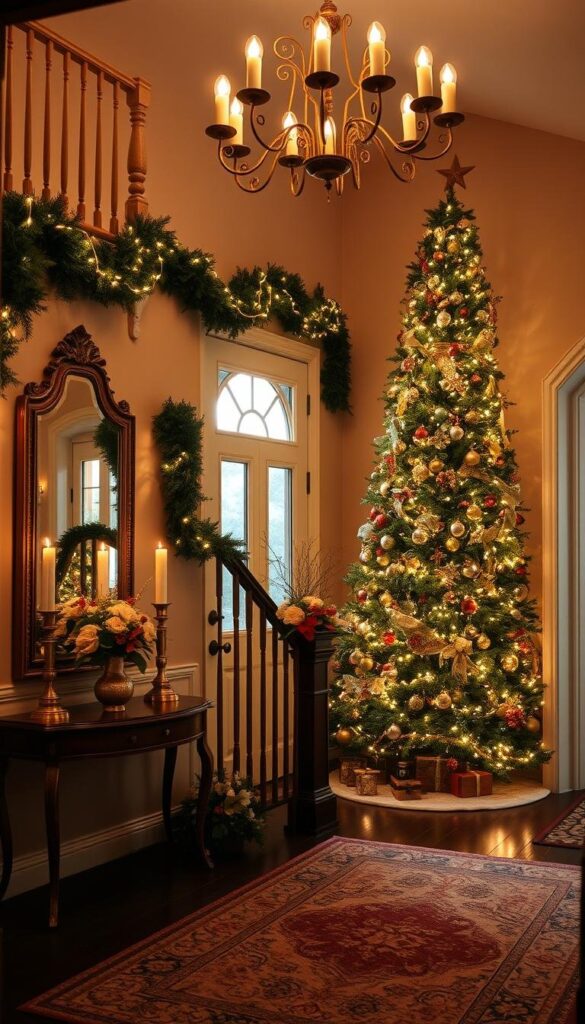 A cozy and inviting foyer, bathed in warm, golden light from a grand chandelier above. The floor is covered in a plush, seasonal area rug, while the entryway table is adorned with an elegant floral arrangement, complemented by weathered brass candlesticks and a large, decorative mirror. Lush garlands cascade down the banister, intertwined with twinkling string lights, creating a magical, festive ambiance. In the corner, a tall, majestic Christmas tree stands, its branches laden with ornaments and twinkling lights, casting a soft, welcoming glow throughout the space. The overall effect is one of timeless elegance and seasonal charm, perfectly capturing the spirit of the holiday season. A cozy and inviting foyer, bathed in warm, golden light from a grand chandelier above. The floor is covered in a plush, seasonal area rug, while the entryway table is adorned with an elegant floral arrangement, complemented by weathered brass candlesticks and a large, decorative mirror. Lush garlands cascade down the banister, intertwined with twinkling string lights, creating a magical, festive ambiance. In the corner, a tall, majestic Christmas tree stands, its branches laden with ornaments and twinkling lights, casting a soft, welcoming glow throughout the space. The overall effect is one of timeless elegance and seasonal charm, perfectly capturing the spirit of the holiday season.