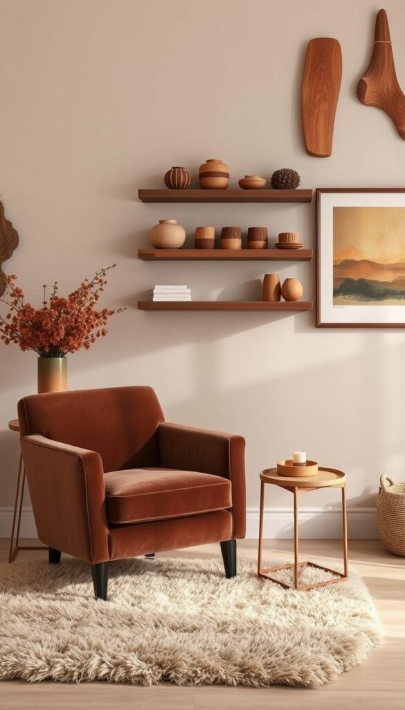 A cozy and inviting interior scene showcasing a variety of DIY mocha mousse-inspired home decor items. In the foreground, a plush velvet armchair in a deep mocha hue sits atop a fluffy beige area rug. On the adjacent side table, a tall ceramic vase holds an arrangement of lush, chocolate-colored flowers. In the middle ground, a floating wall shelf displays a collection of mocha-toned ceramic trinkets, candles, and a framed abstract art piece in warm, earthy tones. The background features a neutral-colored wall accented by rustic wooden wall hangings in a complementary palette. Soft, directional lighting casts a warm, inviting glow throughout the scene, creating a cozy and harmonious mocha mousse-inspired home decor vignette. A cozy and inviting interior scene showcasing a variety of DIY mocha mousse-inspired home decor items. In the foreground, a plush velvet armchair in a deep mocha hue sits atop a fluffy beige area rug. On the adjacent side table, a tall ceramic vase holds an arrangement of lush, chocolate-colored flowers. In the middle ground, a floating wall shelf displays a collection of mocha-toned ceramic trinkets, candles, and a framed abstract art piece in warm, earthy tones. The background features a neutral-colored wall accented by rustic wooden wall hangings in a complementary palette. Soft, directional lighting casts a warm, inviting glow throughout the scene, creating a cozy and harmonious mocha mousse-inspired home decor vignette.